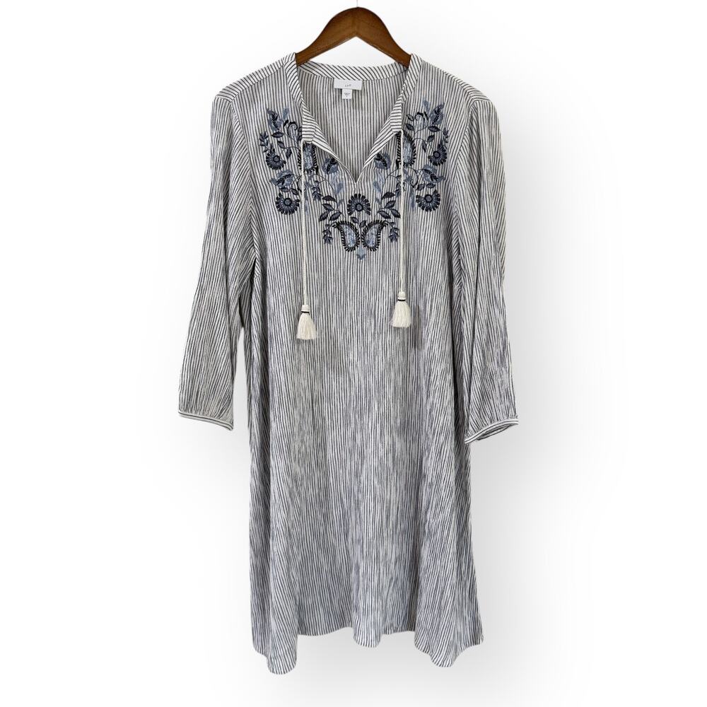 J Jill Blue White Striped Embroidered Dress Womens S Gauzy A-Line Long Sleeve